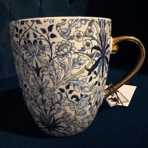 Morris & Co. New Bone China Blue & Gold Lined Floral Mug - Great Gift!